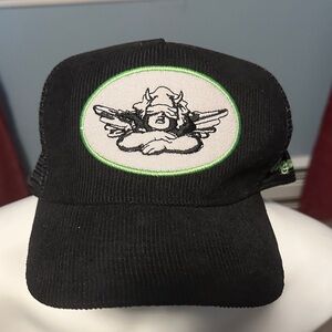 Boys Lie Black Trucker Hat with Green Trim.